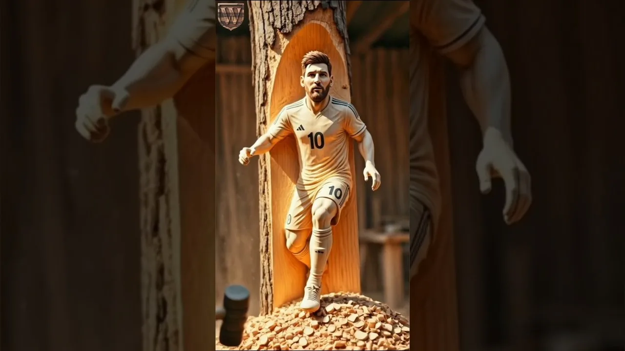 L’IA sculpte Lionel Messi dans une bûche géante ⚽ Incroyable transformation du bois #messi #football #asmr