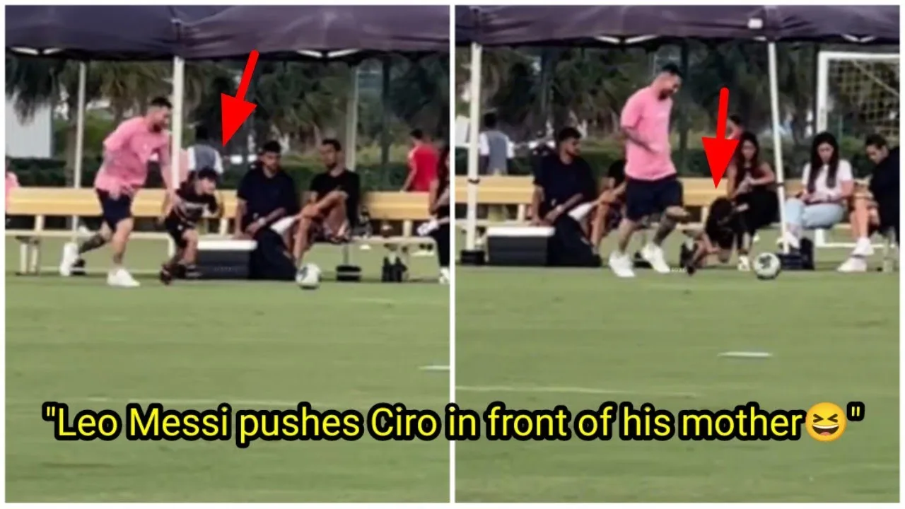 Leo Messi dribbles Ciro, Busquets’ son and Jordi Alba’s son