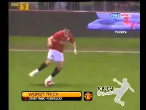 Cristiano Ronaldo trying a Lionel Messi trick and fell