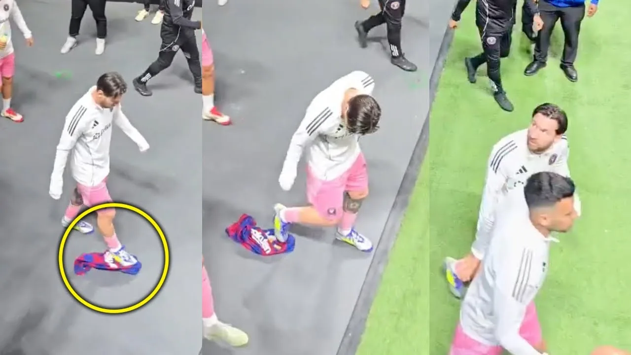 Lionel Messi marche sur le maillot de Barcelone accidentellement lancé par un fan