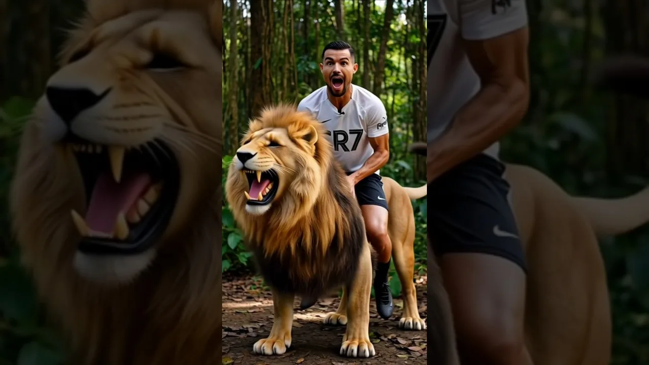 When Cristiano Ronaldo saw a lion, Messi, Neymar, and Mbappé were amazed.🦁#cr7#messi#ronaldo#shorts