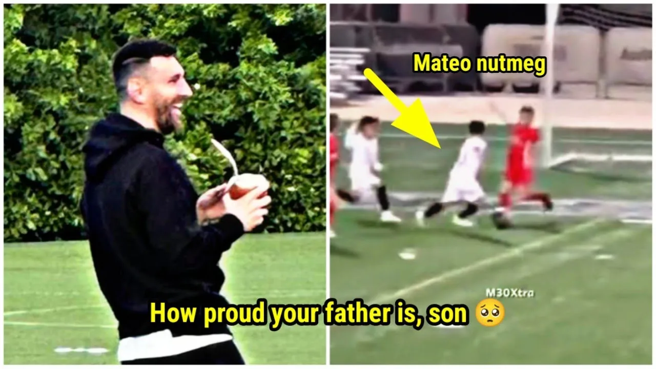 Leo Messi’s happy reaction as Mateo nutmegs the defender