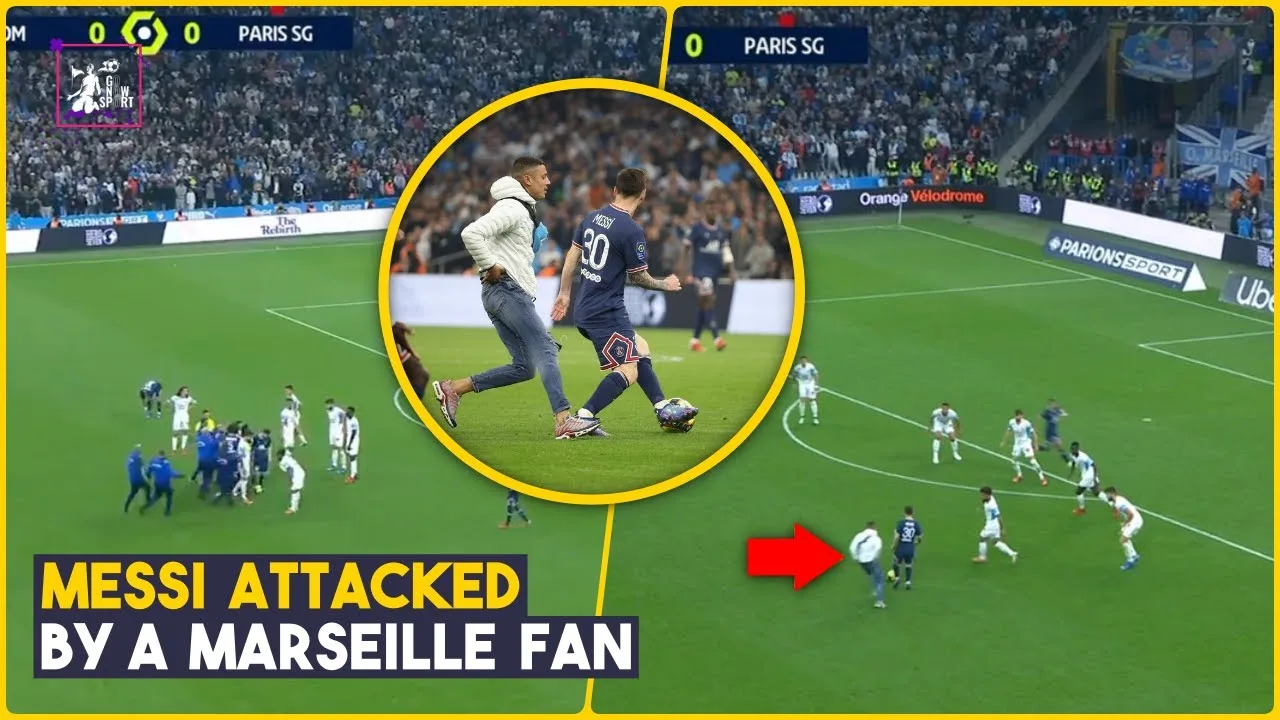 Leo Messi Chased by a Marseille Fan during his First
