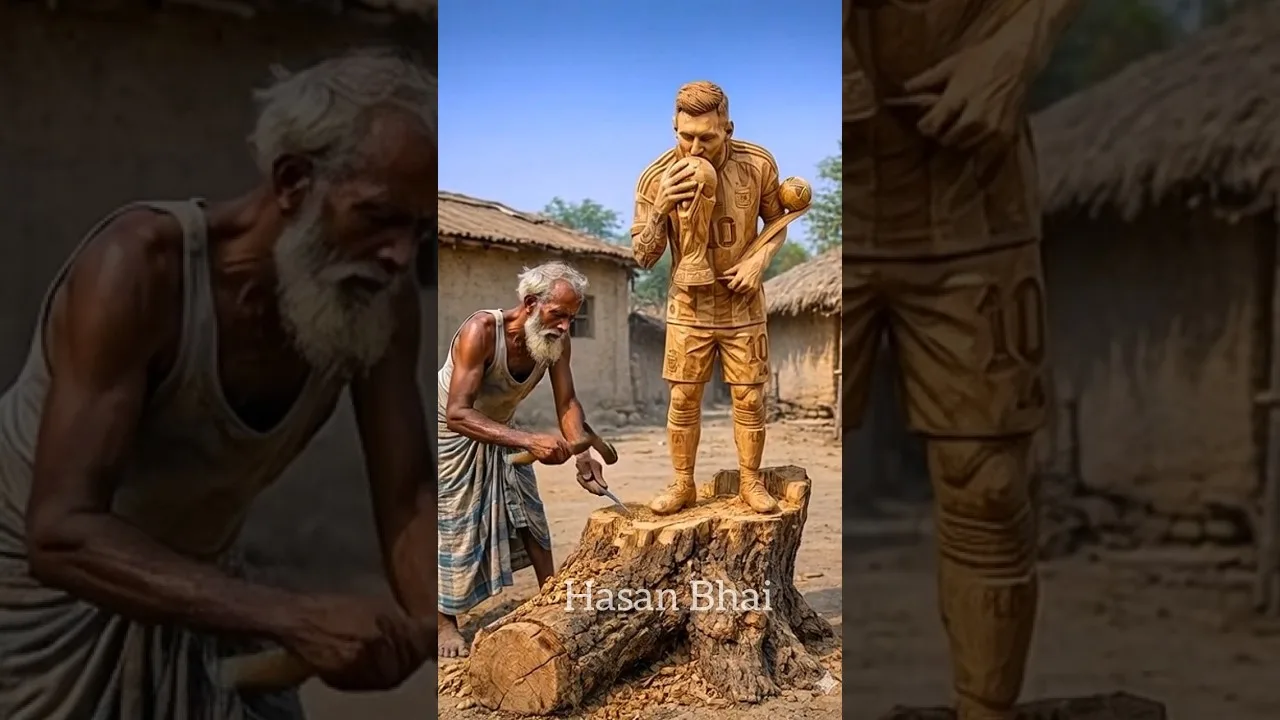 Grandfather Makes Lionel Messi Wood Sculpture 😲🪵 #woodscraft #messi