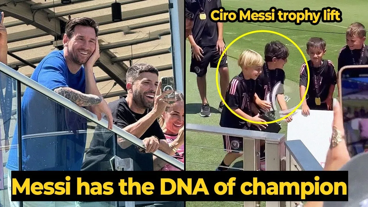 La réaction de Messi en tant que Thiago et Ciro soulèvent le trophée après avoir remporté la finale de Dreamscup