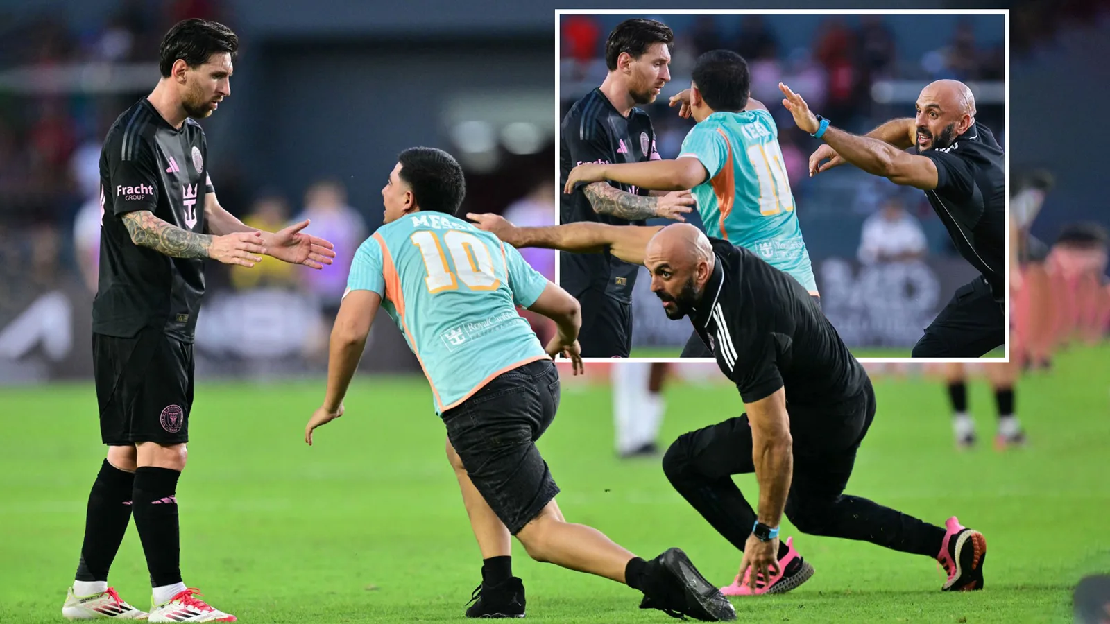 Moment maladroit de l’ancien garde du corps de Navy Seal de Lionel Messi  » est enfin vaincu ‘par Pitch Invader
