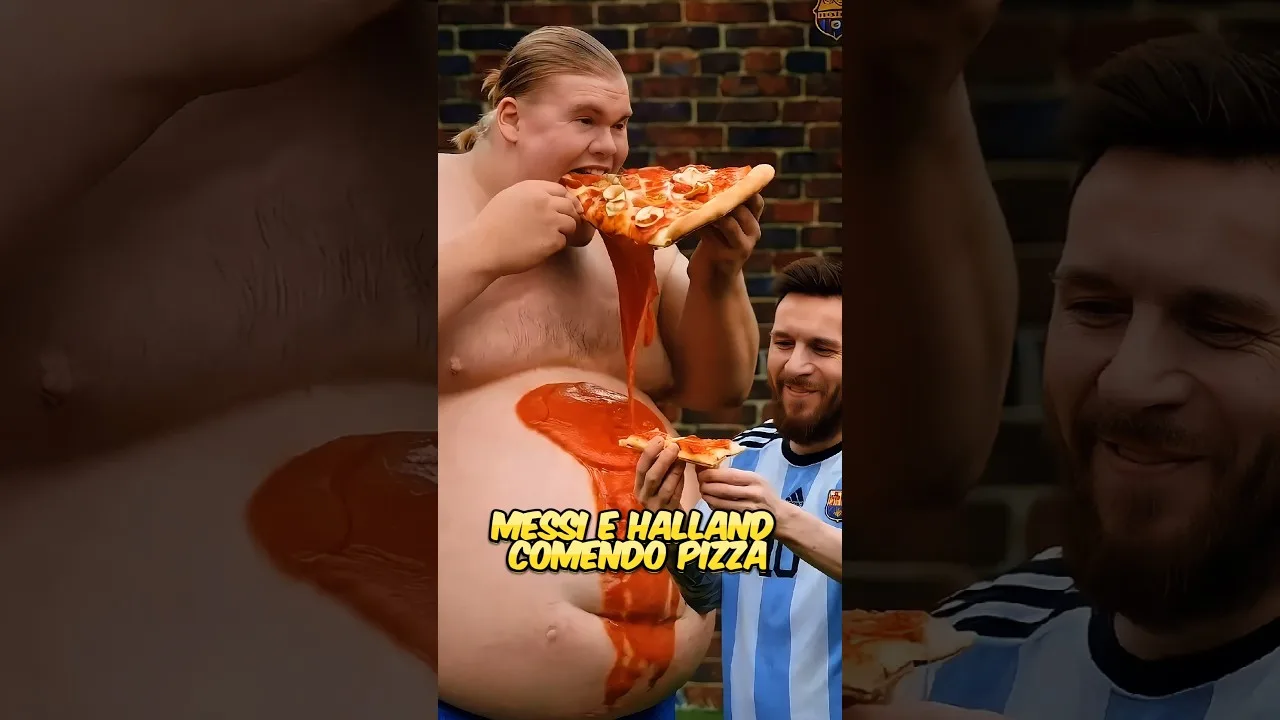 Halland dévorant une pizza avec Lionel Messi