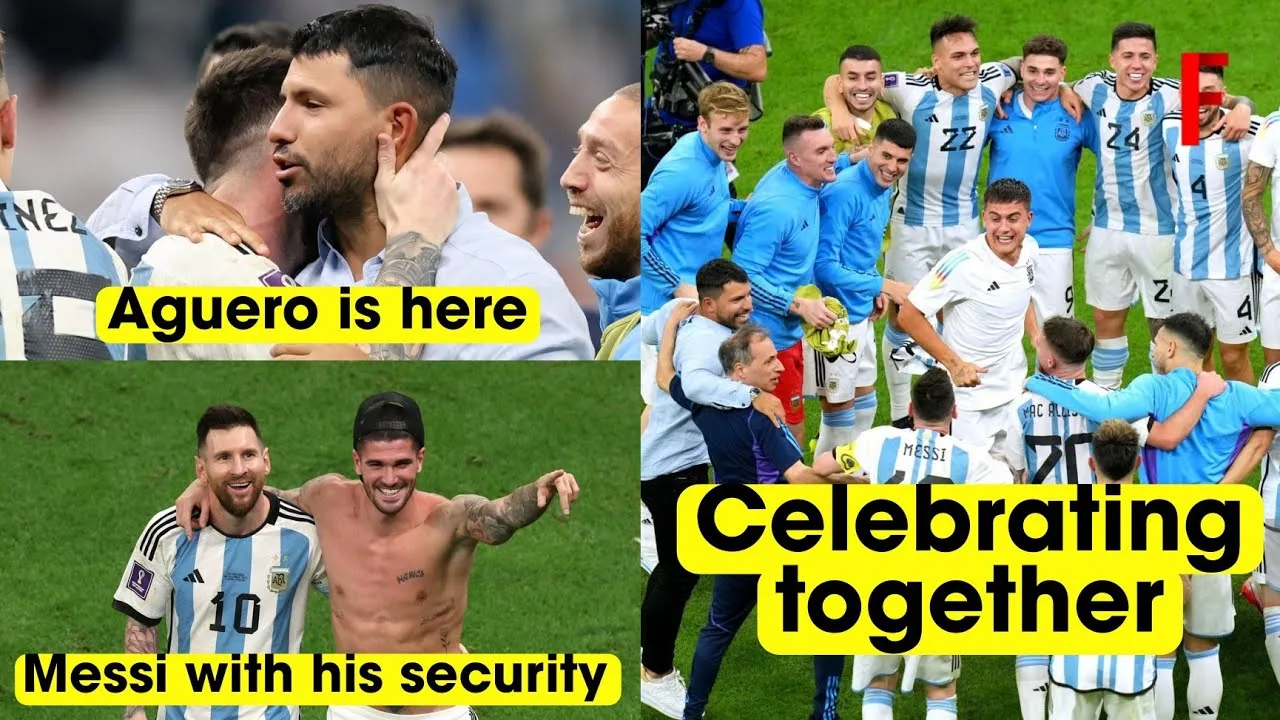 Lionel Messi celebrating with Aguero and De Paul